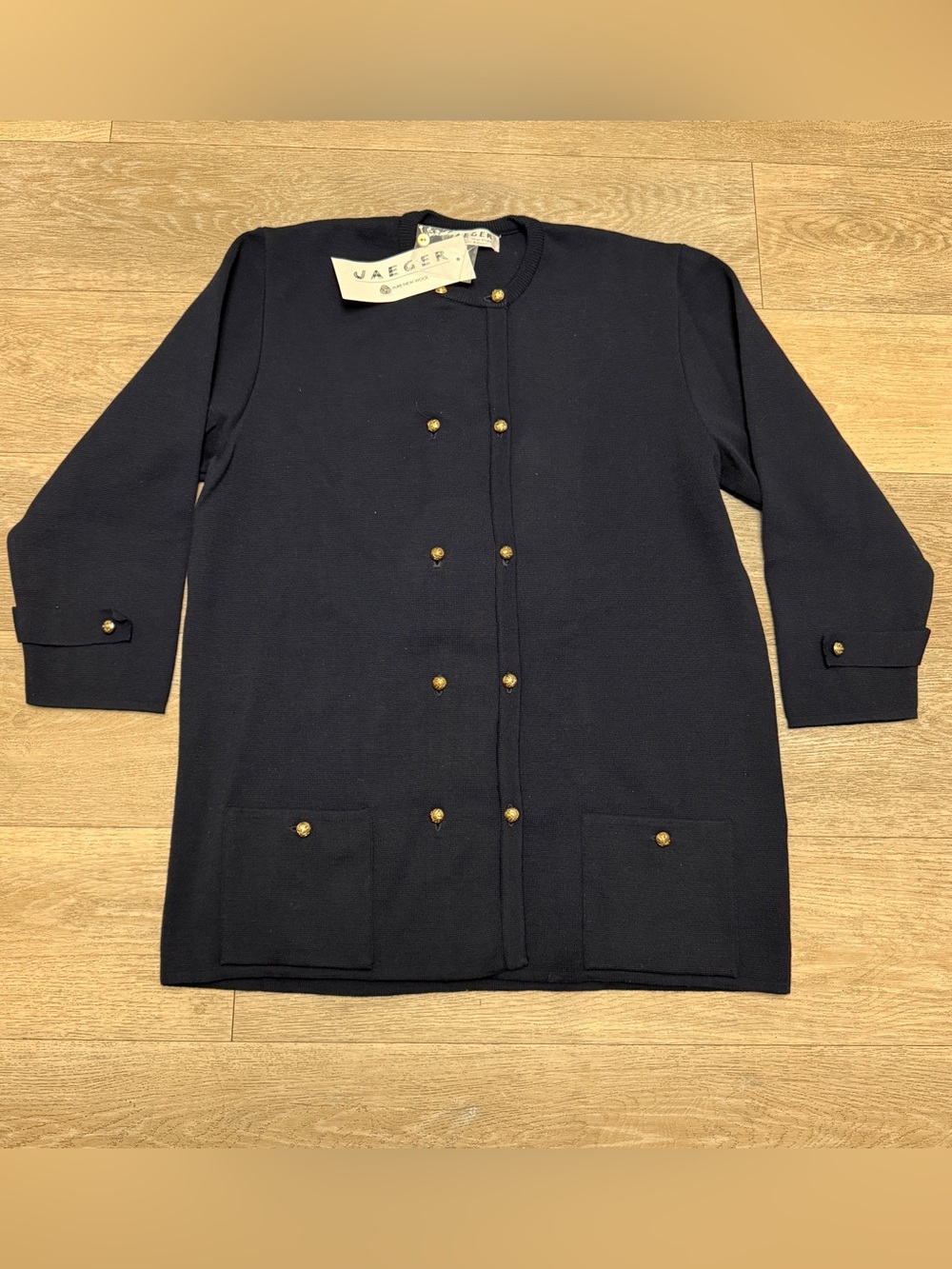 Vintage Jaeger Wool Cardigan Coat Double Breasted Gold Buttons Navy Sz M Grandma